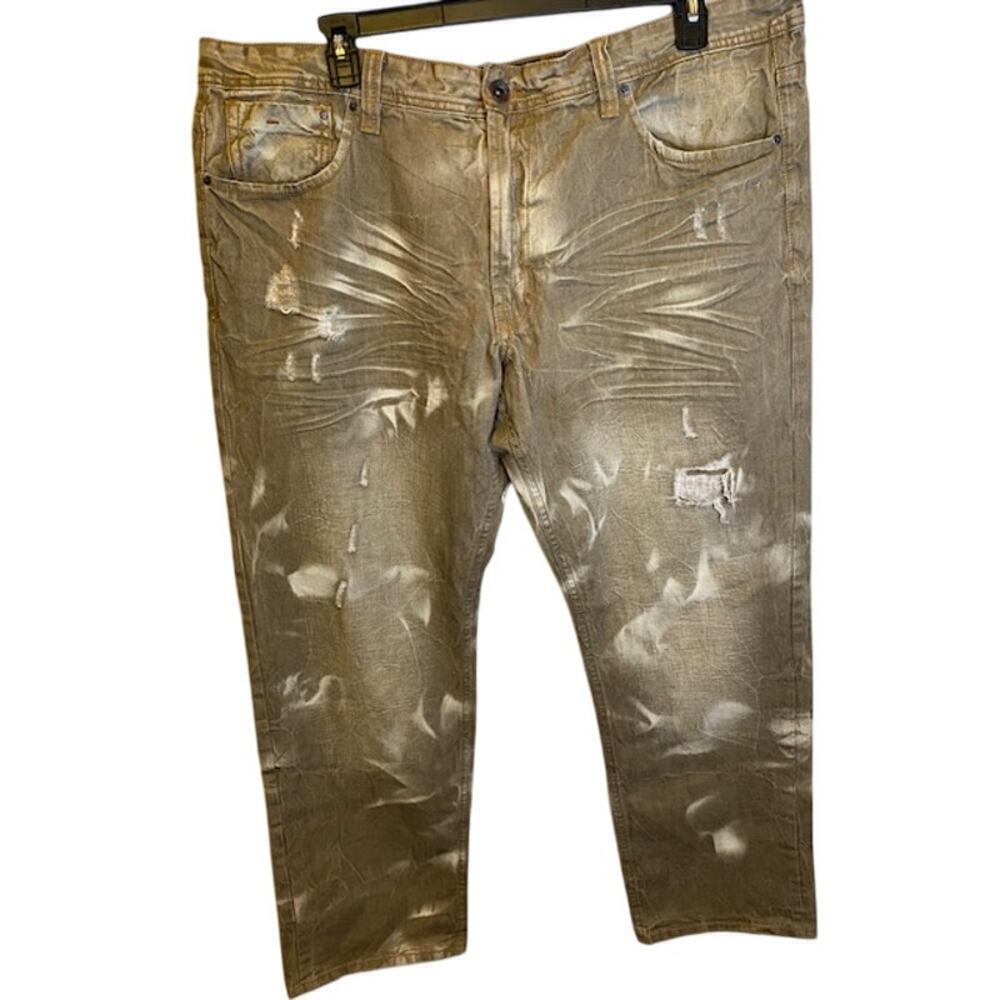 Akoo Jeans Mens Beige denim distressed jeans Relax Straight Leg Cotton 40‎ X 34